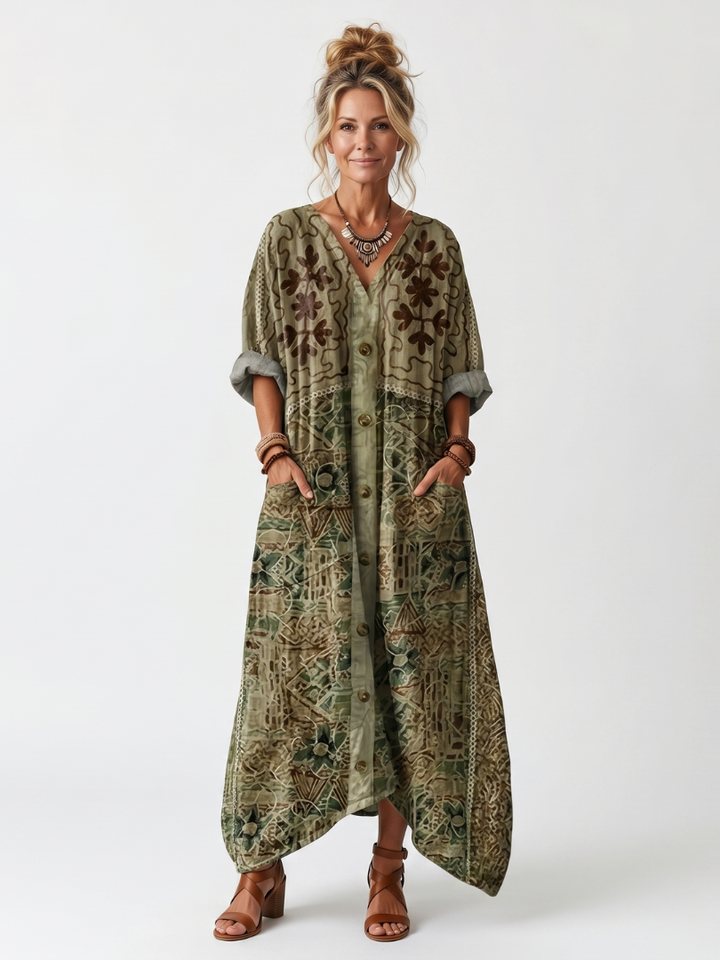Seraphine | Button Front Embroidered Oversized Pocket Midi Dress