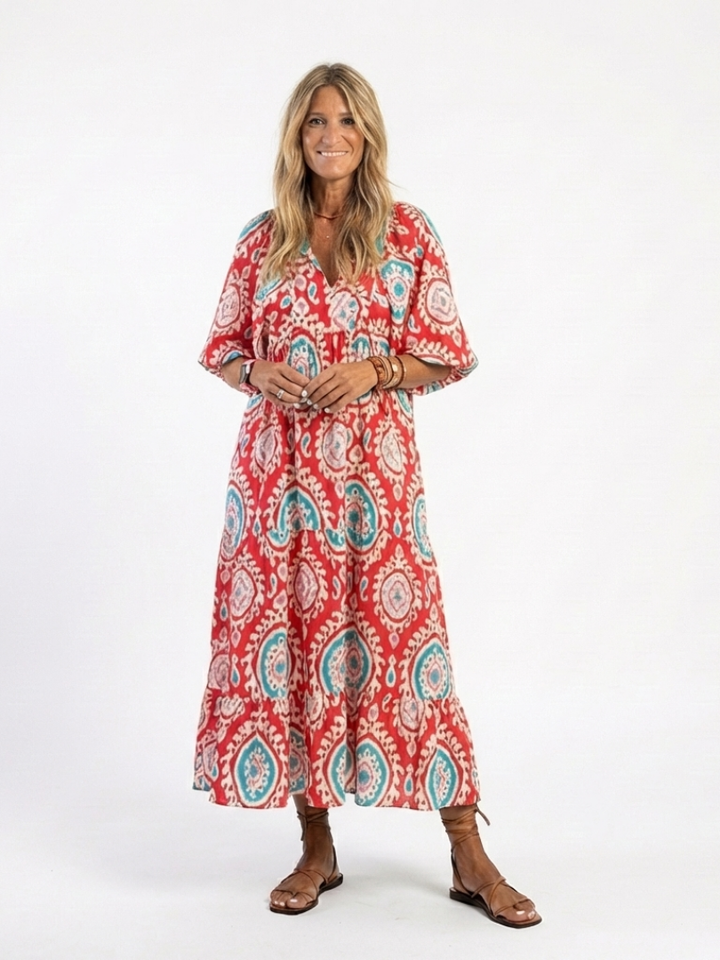 Karis | Paisley Print V Neck Short Sleeve Midi Dress