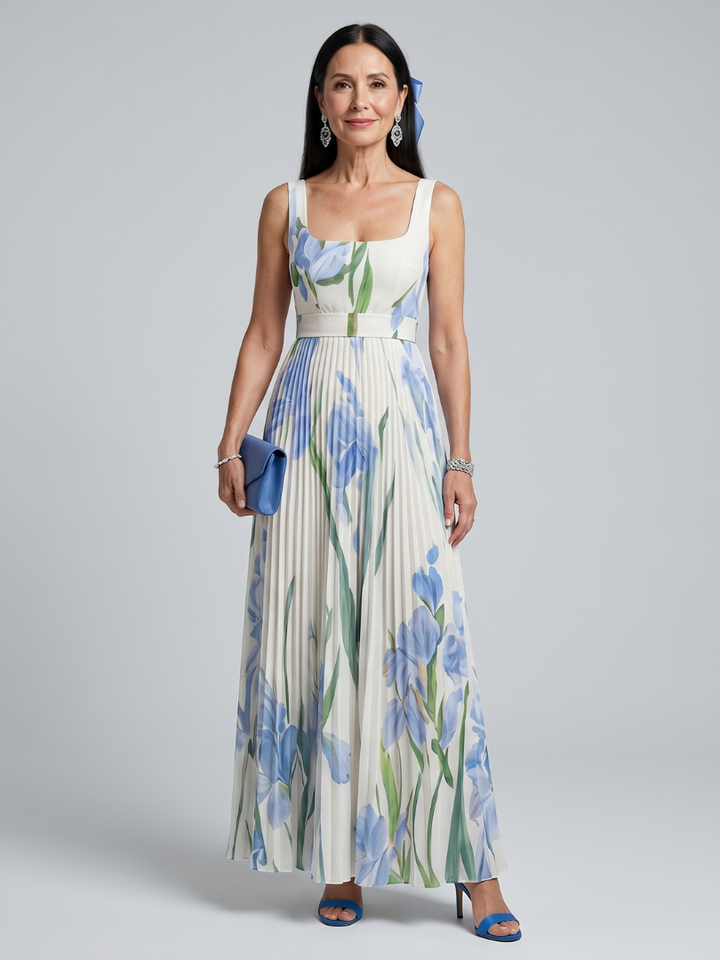 Calantha | Sleeveless Square Neck Floral Print Midi Dress