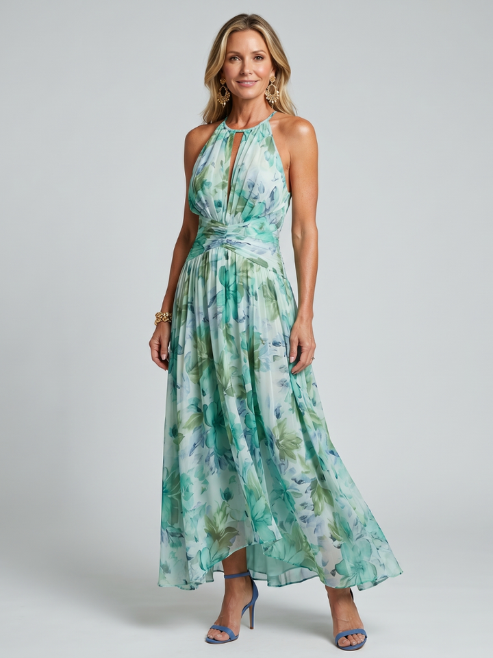 Auralei | Pleated Halter Soft Floral Pattern Midi Dress