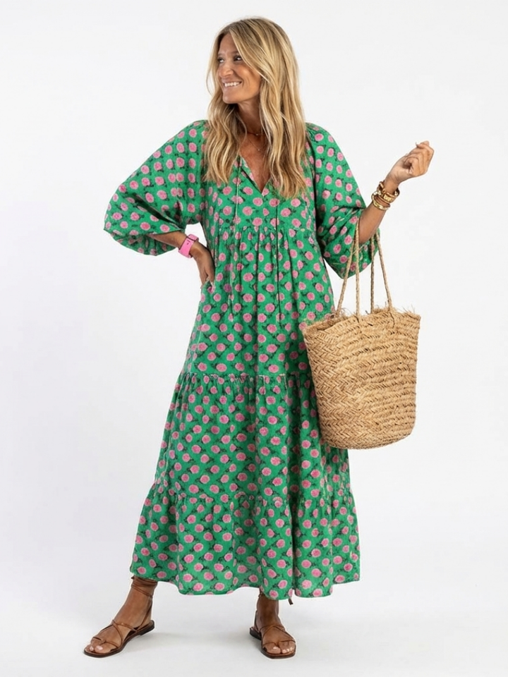 Marisenne | Floral Print V Neck Tiered Midi Dress
