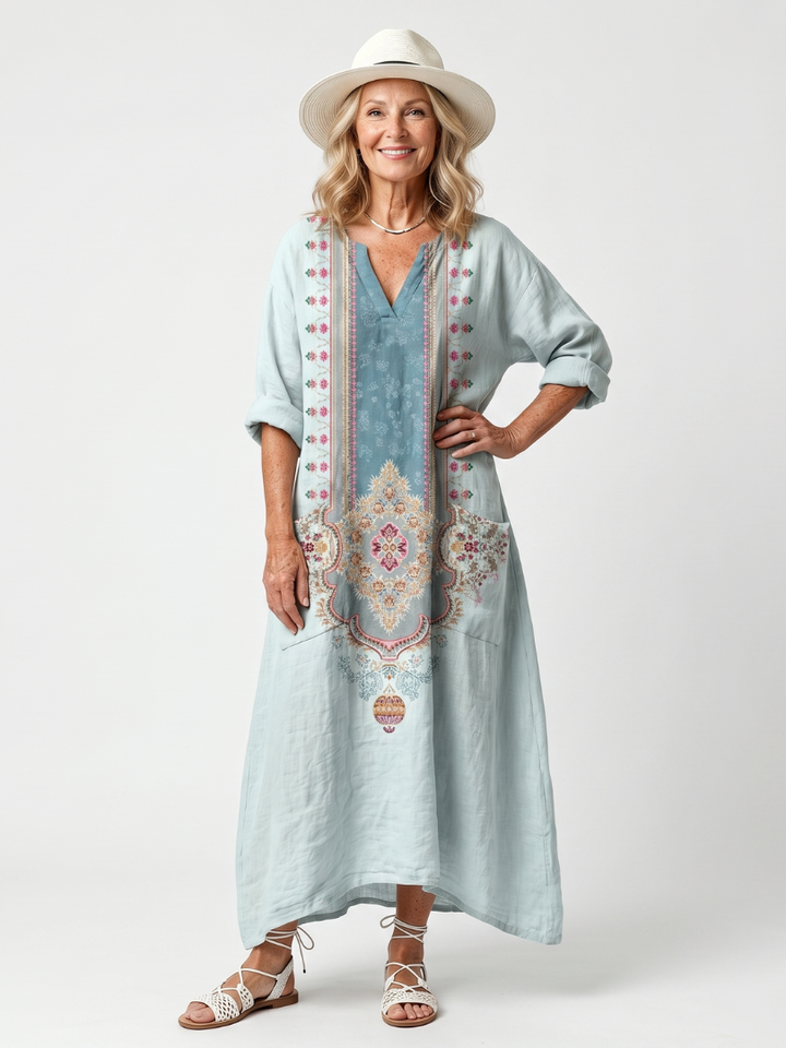 Petronella | Ornate Panel Embroidered Oversized Pocket Midi Dress