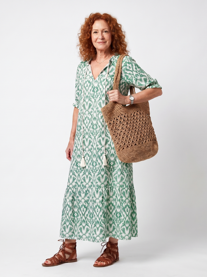 Elsbeth | Pattern V Neck Tassel Midi Dress