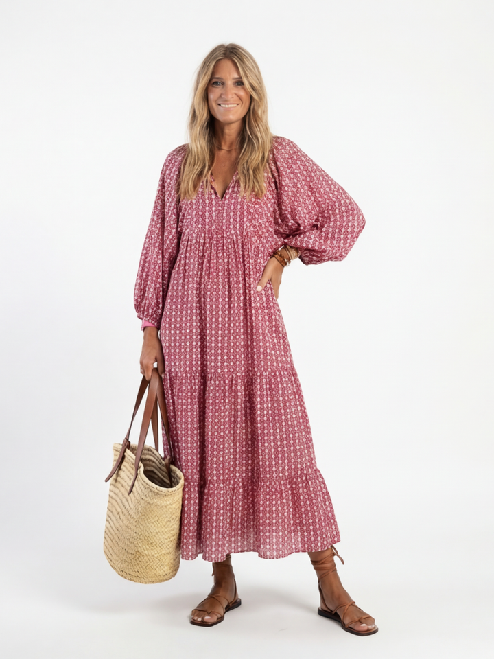 Roswitha | Geometric Print Long Sleeve Midi Dress