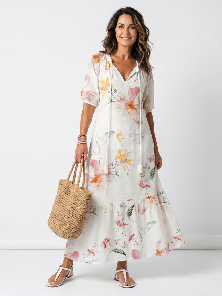 Graciela | Soft Floral Tiered Tassel Midi Dress