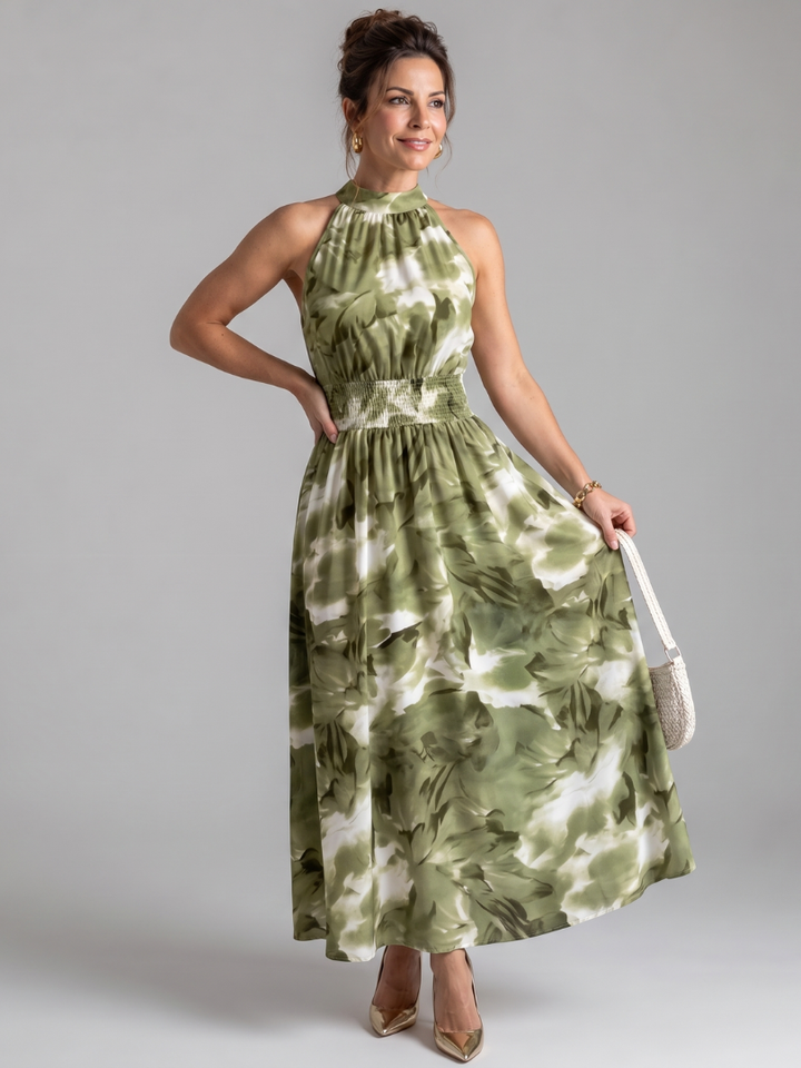 Ysolde | Gathered Waist Abstract Print Midi Dress
