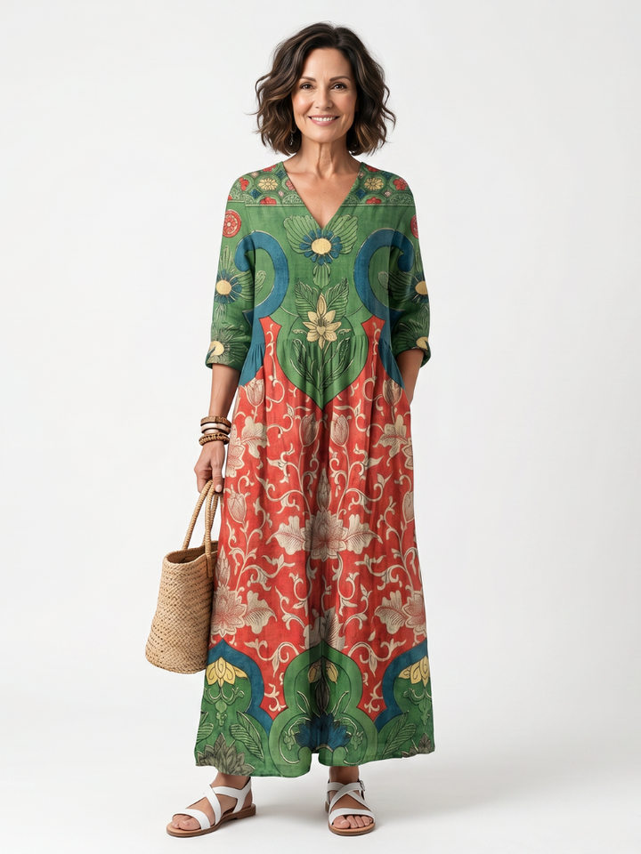 Odaline | Mixed Print V Neck Pocket Midi Dress