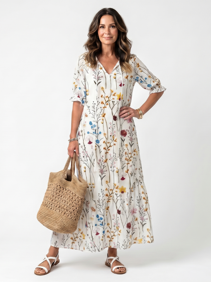 Fionnula | Botanical Print Tassel Tie Midi Dress