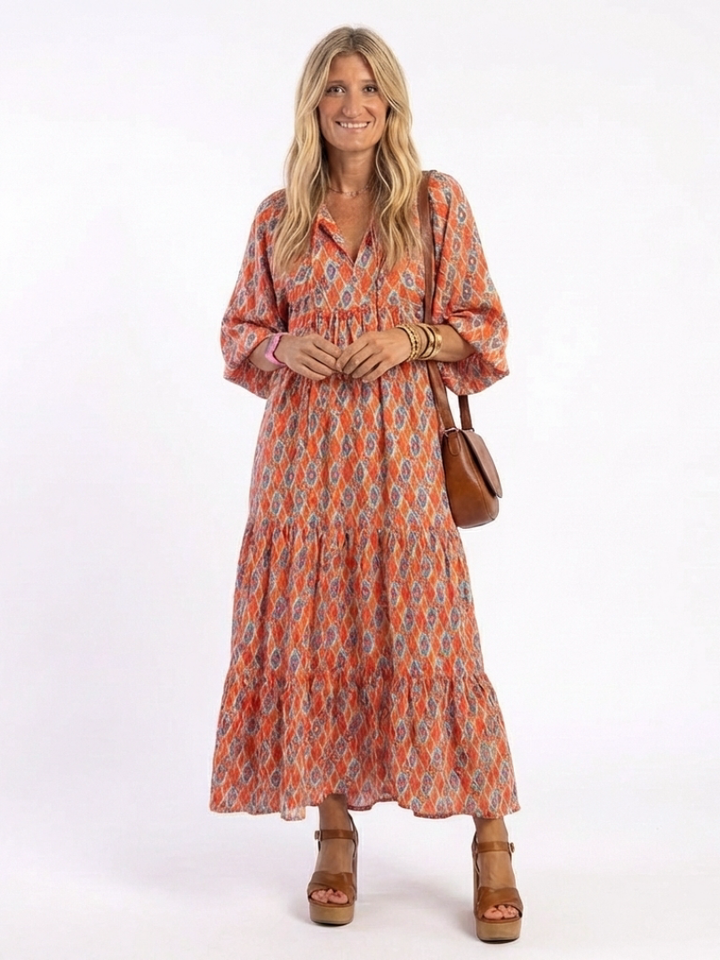 Naima | Geometric Print V Neck Tiered Midi Dress