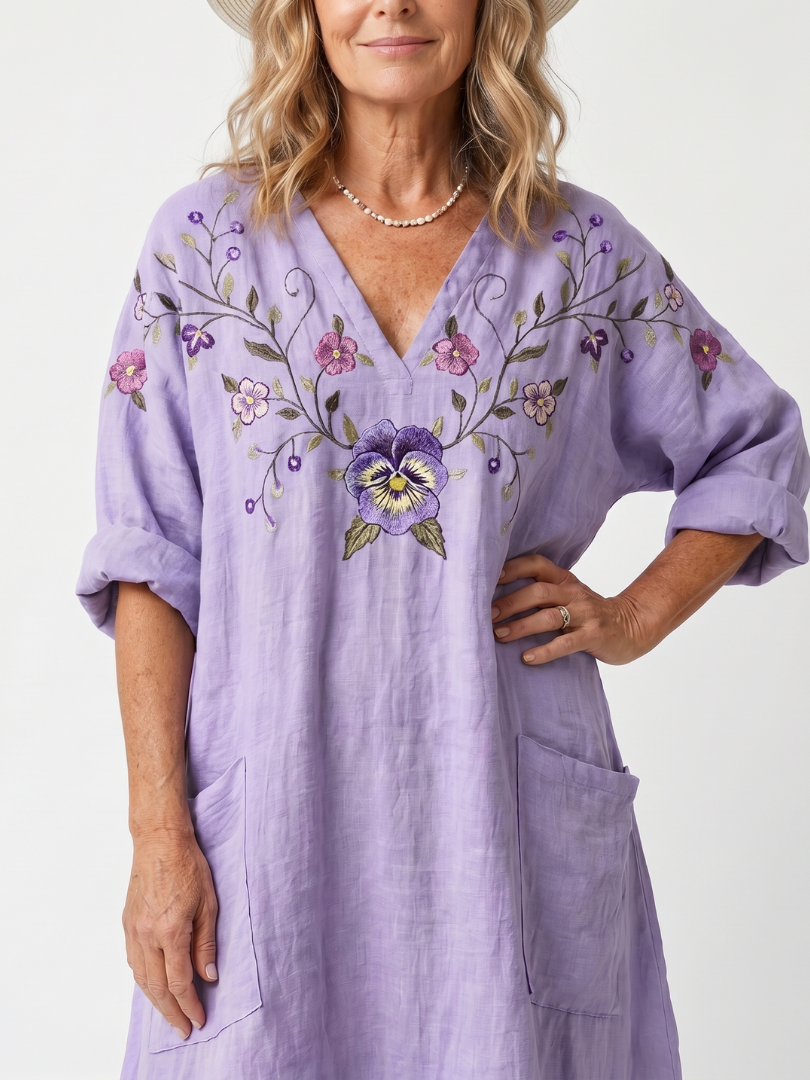 Brisa | Floral Embroidered Oversized Pocket Midi Dress