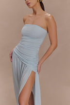 Bex Strapless Slinky Maxi Dress With Split - Pale Blue