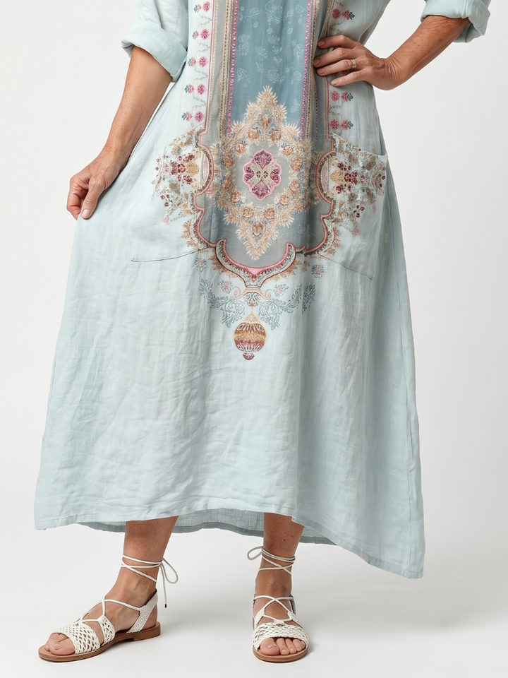 Petronella | Ornate Panel Embroidered Oversized Pocket Midi Dress