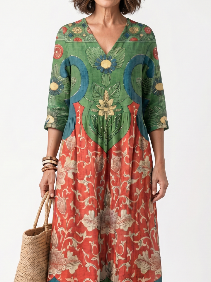 Odaline | Mixed Print V Neck Pocket Midi Dress