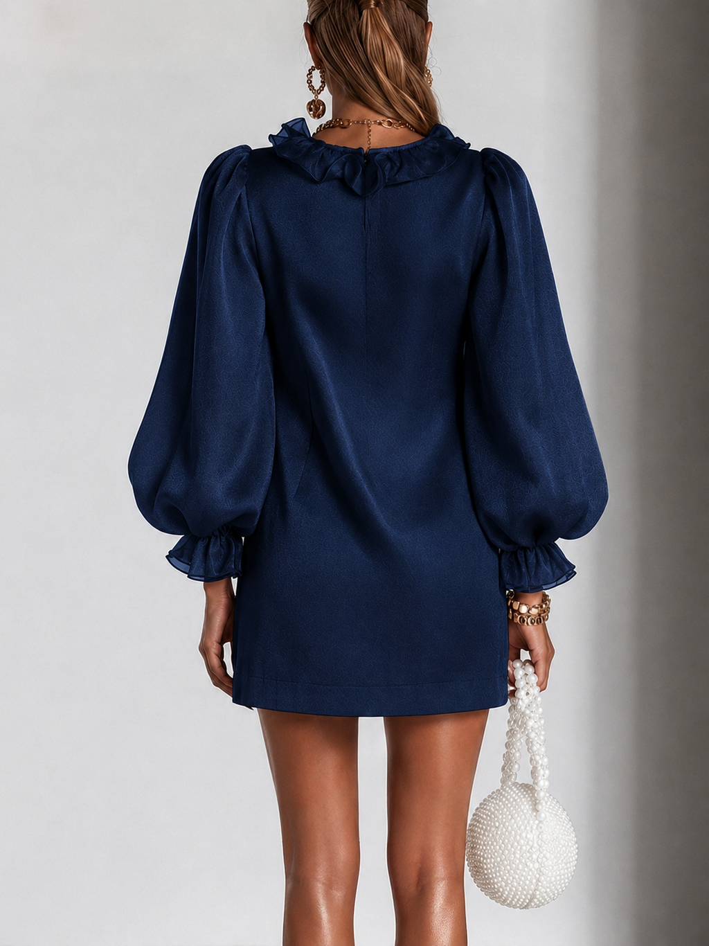 Navy Ruffled Puff-Sleeve Loose Straight-Cut Mini Dress