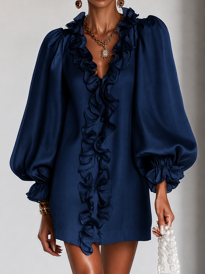 Navy Ruffled Puff-Sleeve Loose Straight-Cut Mini Dress