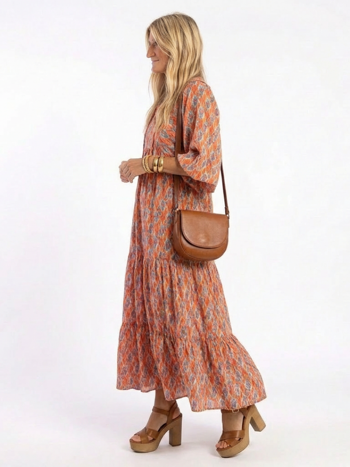 Naima | Geometric Print V Neck Tiered Midi Dress