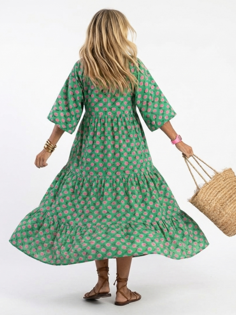 Marisenne | Floral Print V Neck Tiered Midi Dress