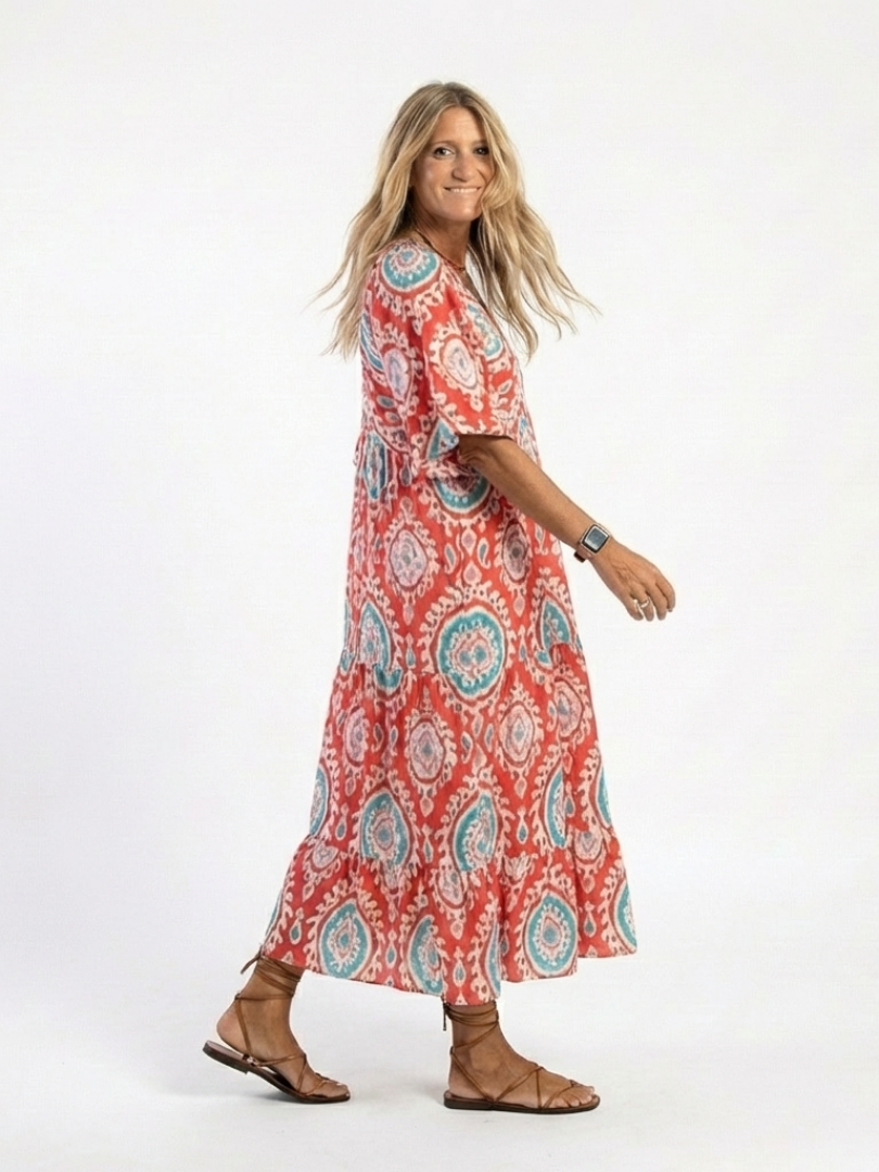 Karis | Paisley Print V Neck Short Sleeve Midi Dress