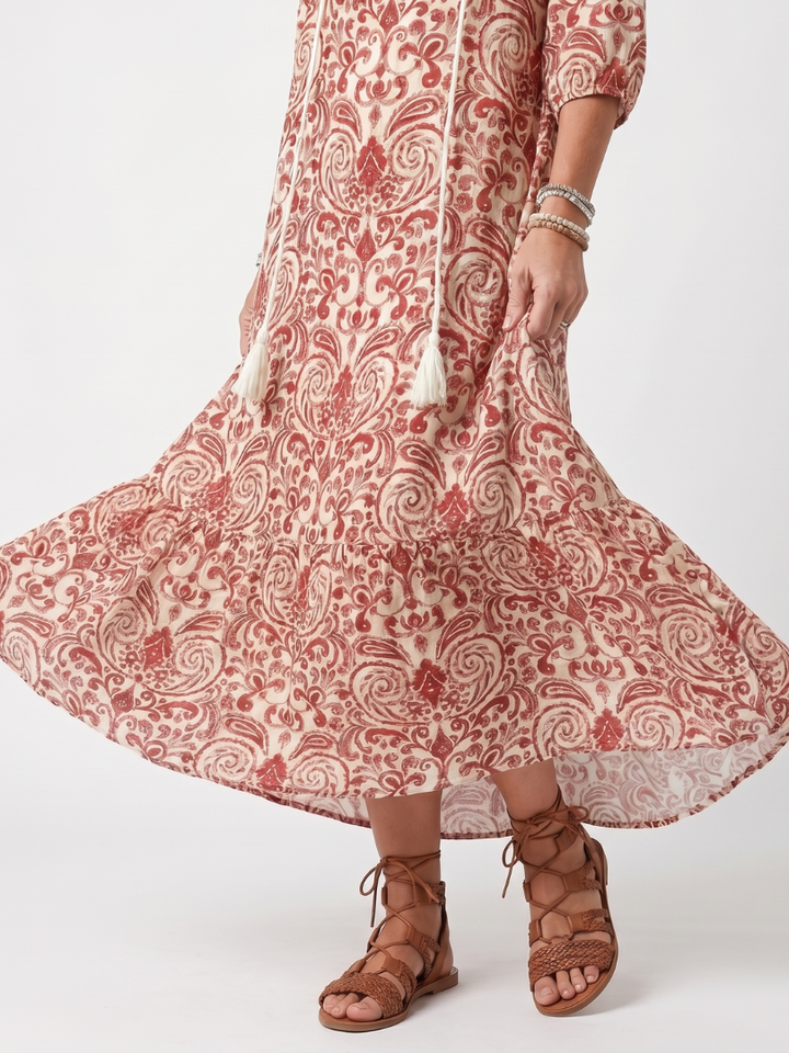 Iolani | Ornate Print Tassel Tie Midi Dress