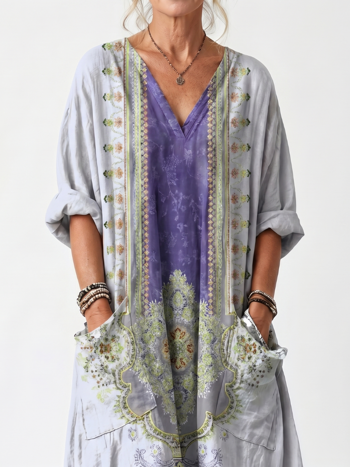 Valonia | Contrast Panel Embroidered Oversized Pocket Midi Dress