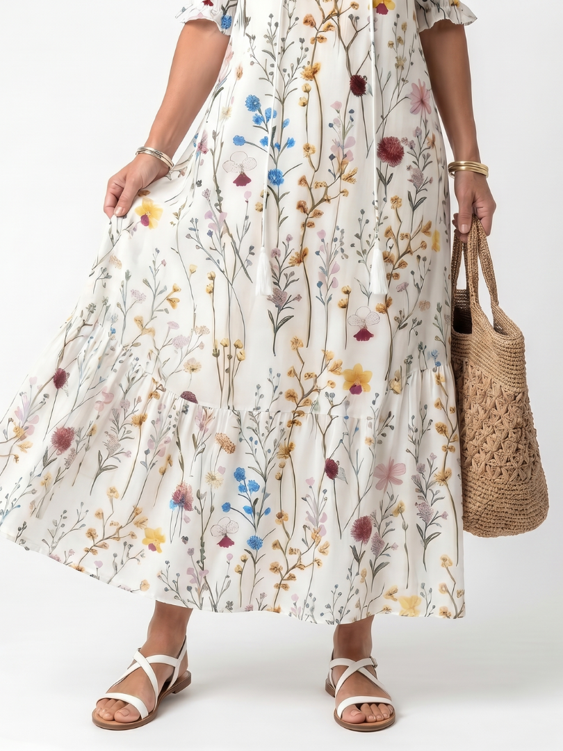 Fionnula | Botanical Print Tassel Tie Midi Dress