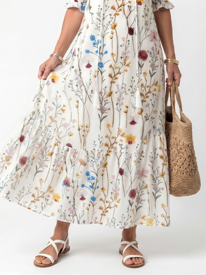 Fionnula | Botanical Print Tassel Tie Midi Dress
