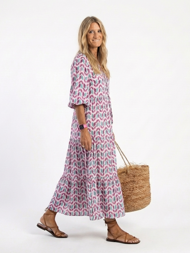 Halcyon | Geometric Print Long Sleeve Tiered Midi Dress