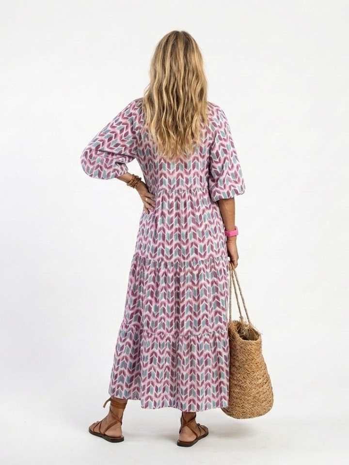 Halcyon | Geometric Print Long Sleeve Tiered Midi Dress