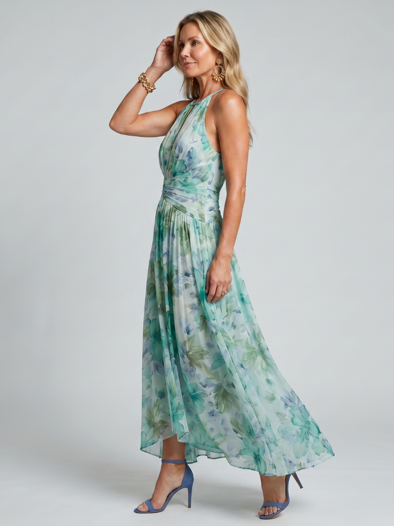 Auralei | Pleated Halter Soft Floral Pattern Midi Dress