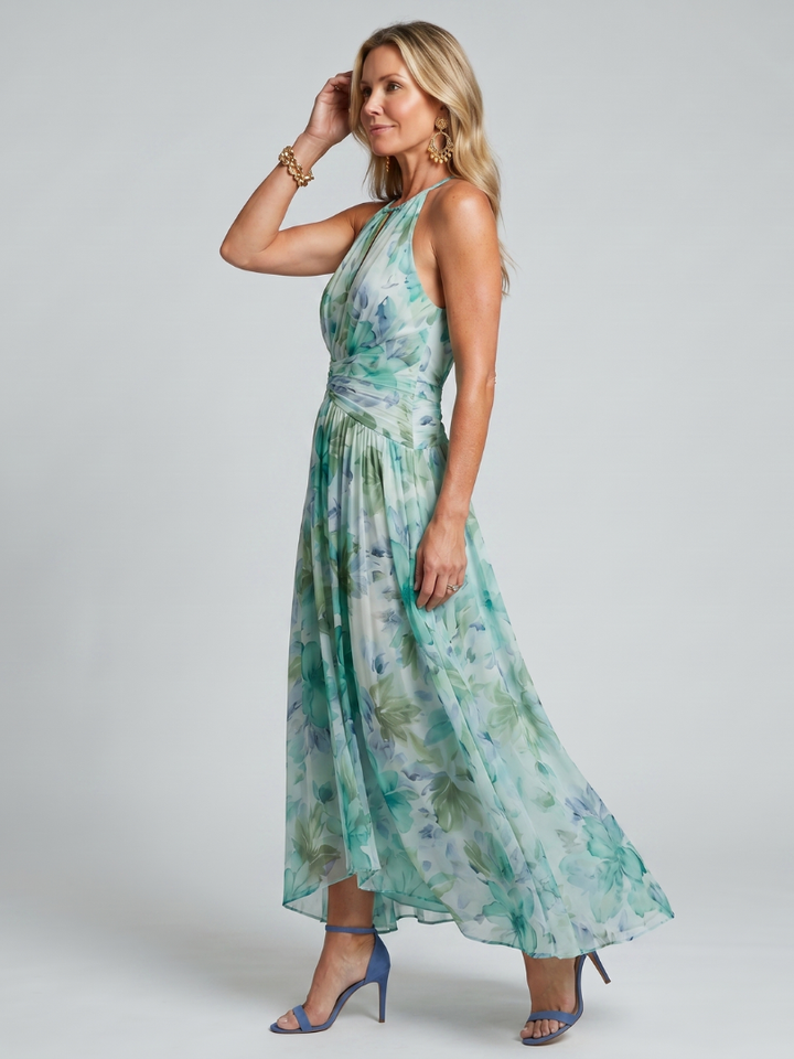 Auralei | Pleated Halter Soft Floral Pattern Midi Dress