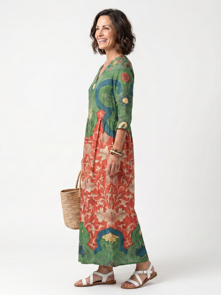 Odaline | Mixed Print V Neck Pocket Midi Dress