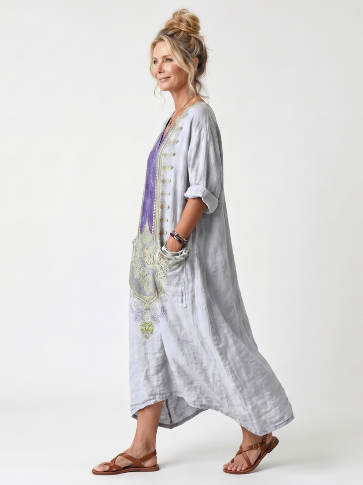 Valonia | Contrast Panel Embroidered Oversized Pocket Midi Dress