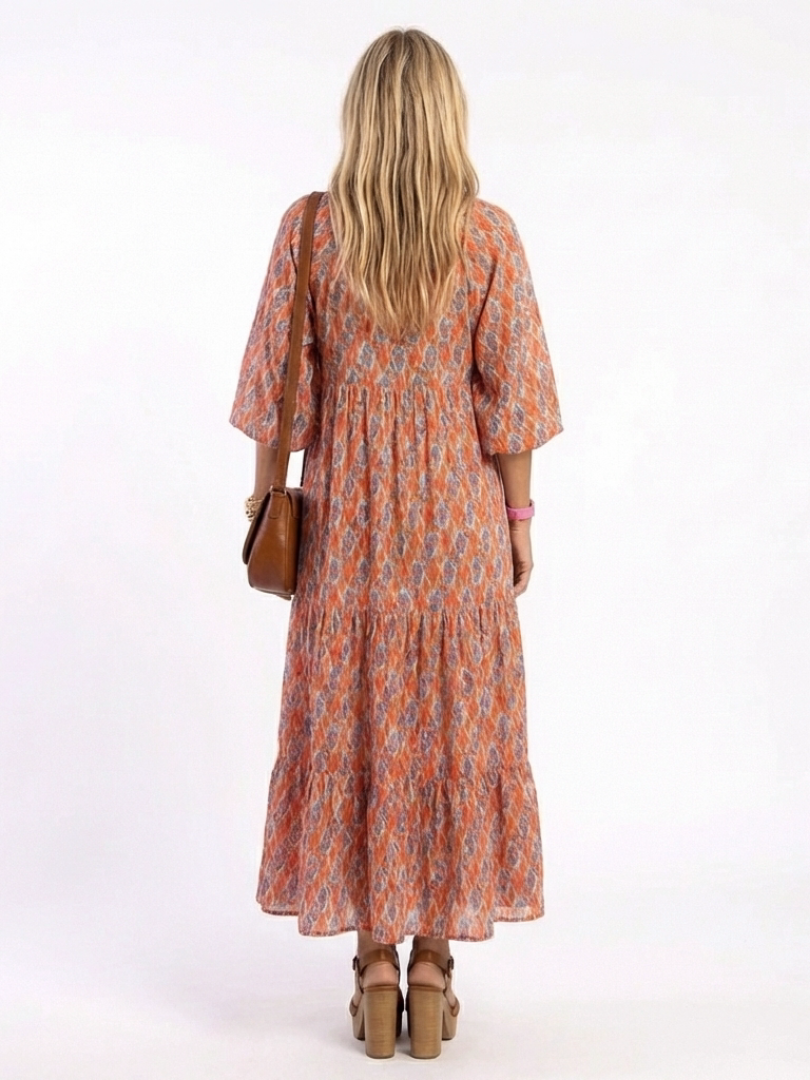 Naima | Geometric Print V Neck Tiered Midi Dress