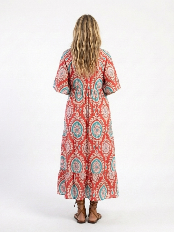 Karis | Paisley Print V Neck Short Sleeve Midi Dress