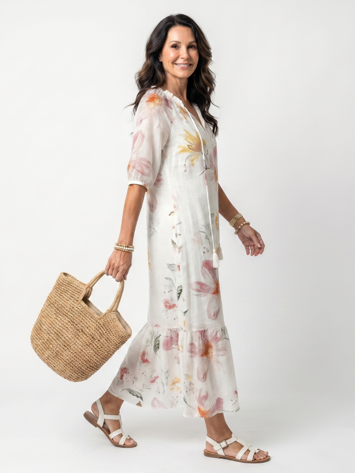 Graciela | Soft Floral Tiered Tassel Midi Dress