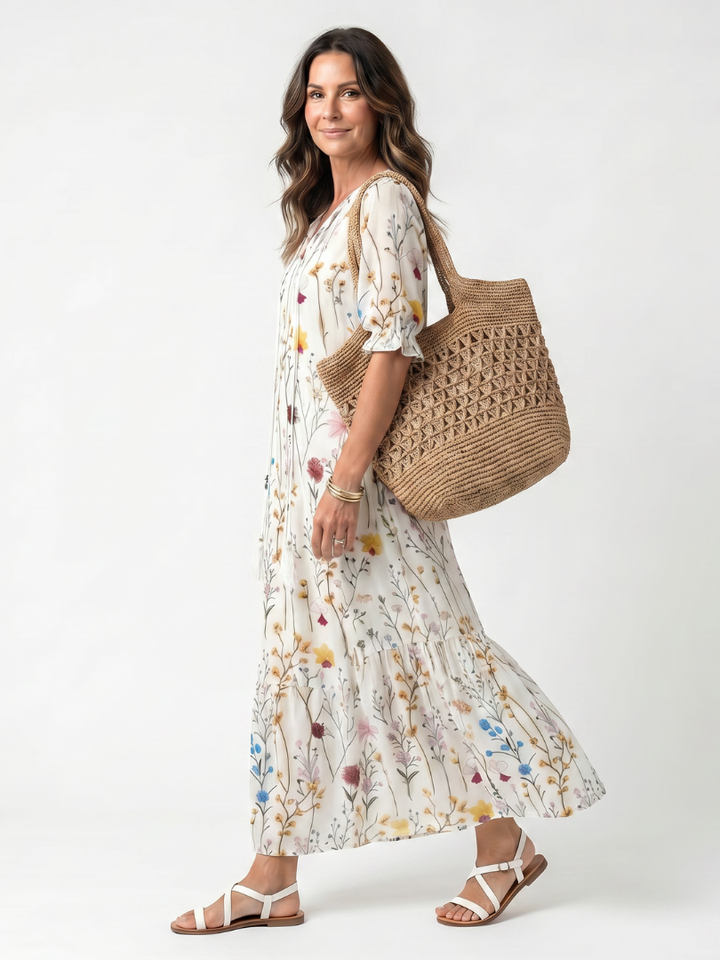 Fionnula | Botanical Print Tassel Tie Midi Dress