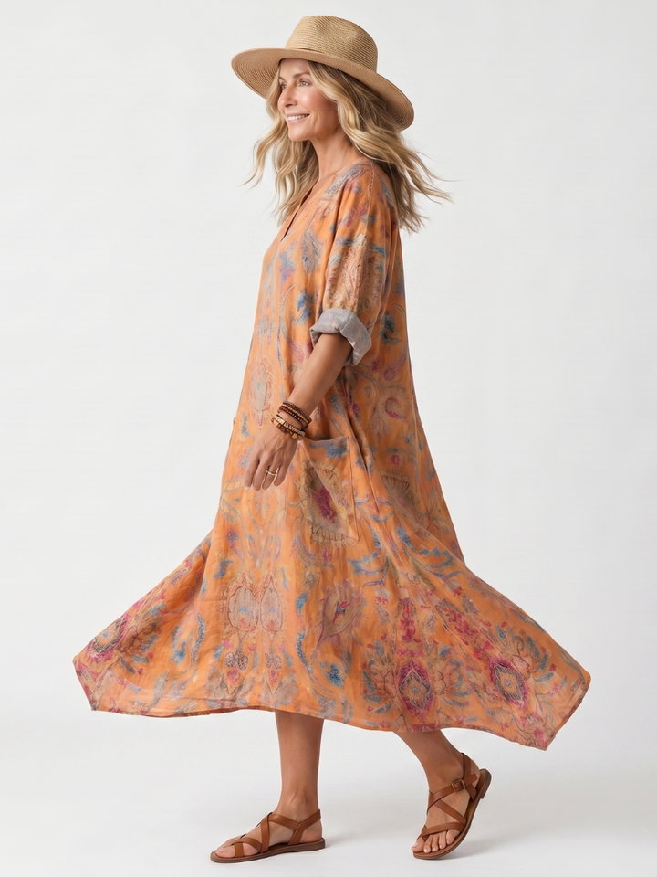Unity | Notch Neck Printed Oversized Pocket Midi Dress
