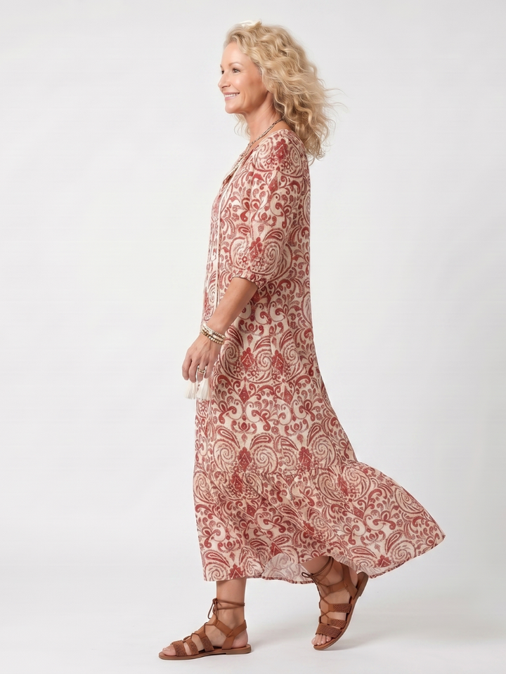 Iolani | Ornate Print Tassel Tie Midi Dress