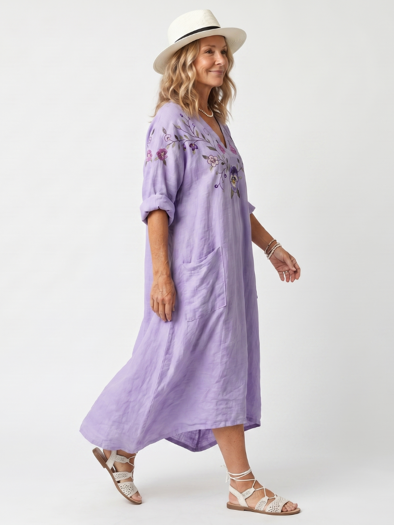 Brisa | Floral Embroidered Oversized Pocket Midi Dress