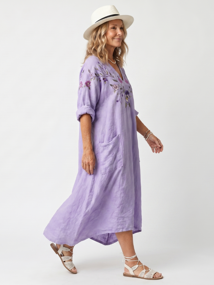 Brisa | Floral Embroidered Oversized Pocket Midi Dress