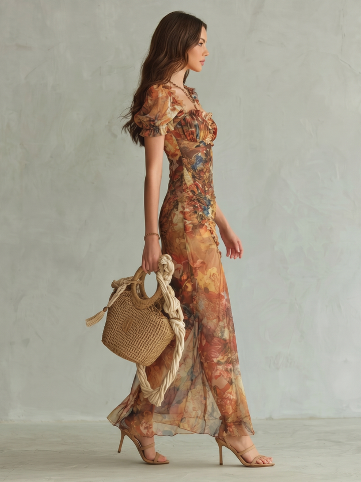 Cosima | Ruffled Sleeve Ruched Slit Midi Dress