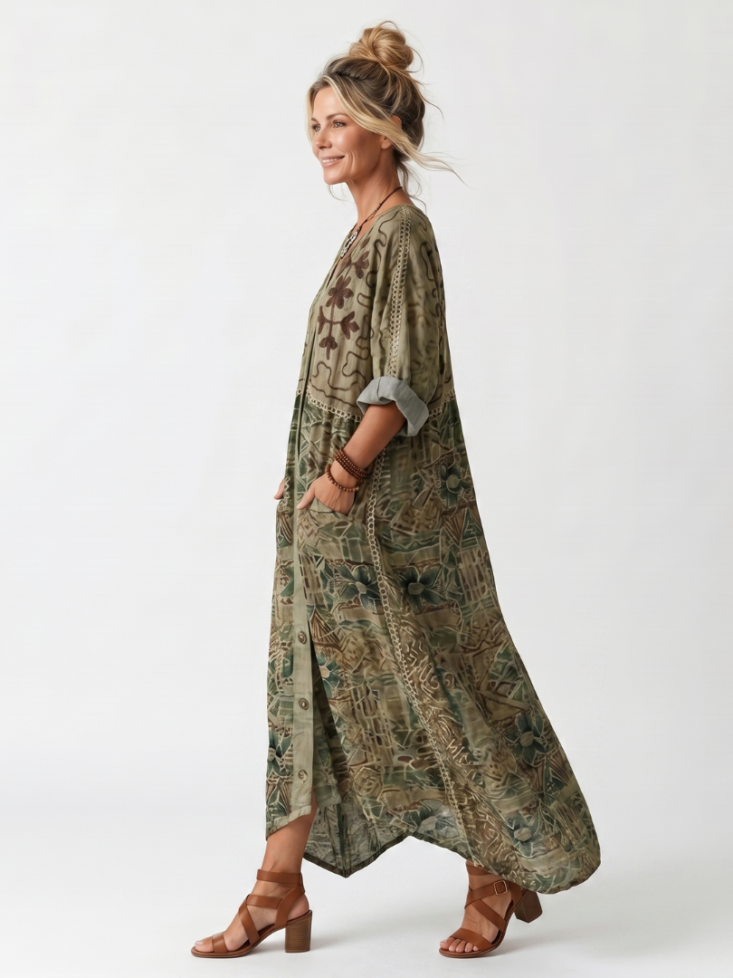 Seraphine | Button Front Embroidered Oversized Pocket Midi Dress