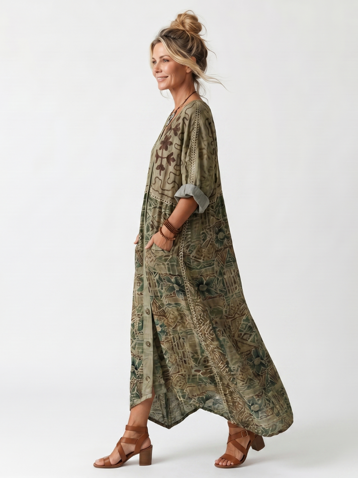 Seraphine | Button Front Embroidered Oversized Pocket Midi Dress
