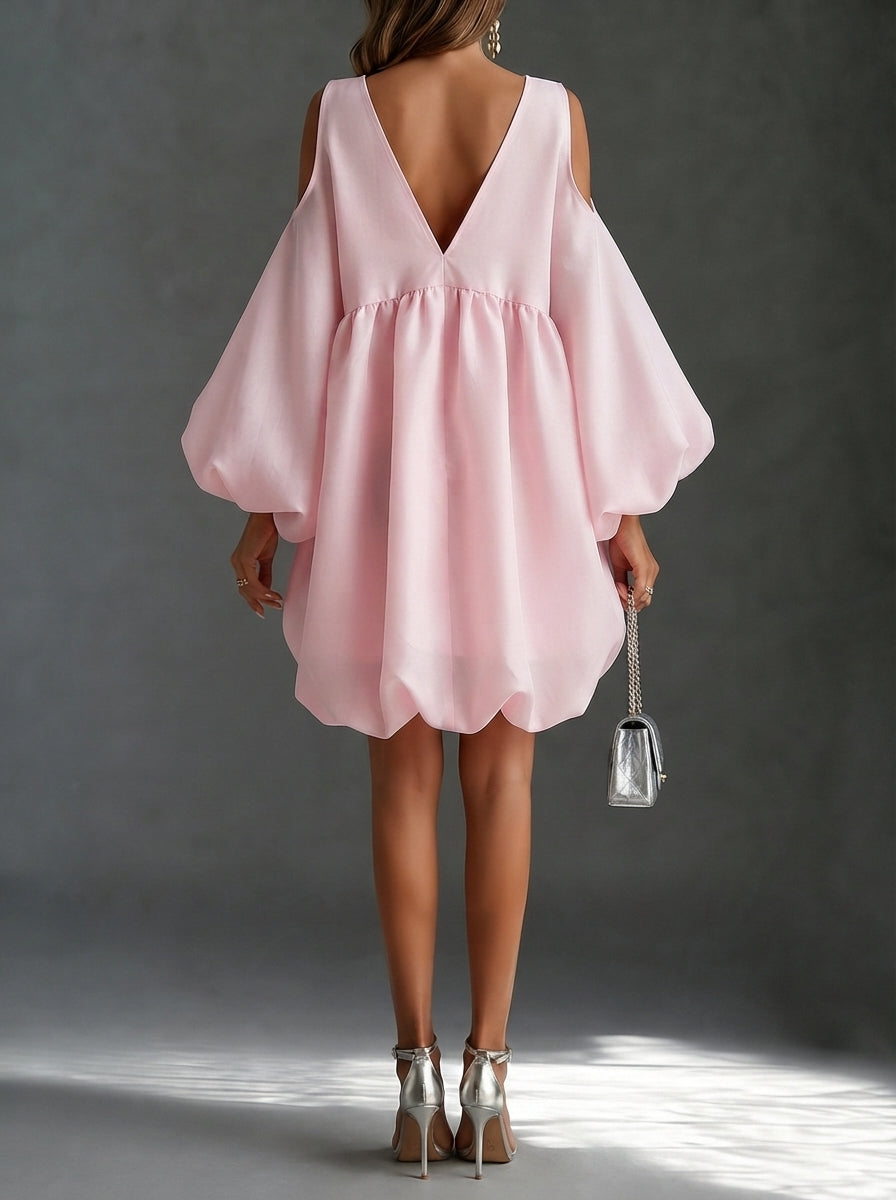 Baby Pink Chffion Deep V Cold Shoulder Mini Dress Puffy Balloon Sleeve Babydoll Party Dress
