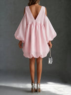 Baby Pink Chffion Deep V Cold Shoulder Mini Dress Puffy Balloon Sleeve Babydoll Party Dress