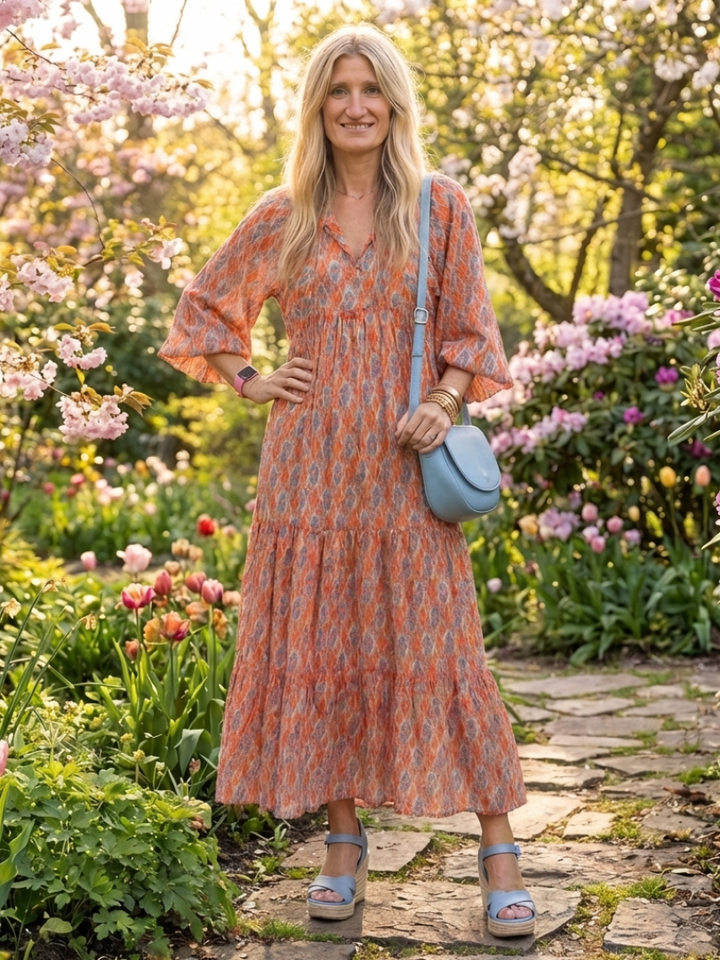 Naima | Geometric Print V Neck Tiered Midi Dress