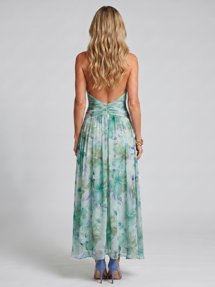Auralei | Pleated Halter Soft Floral Pattern Midi Dress