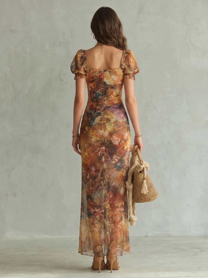 Cosima | Ruffled Sleeve Ruched Slit Midi Dress