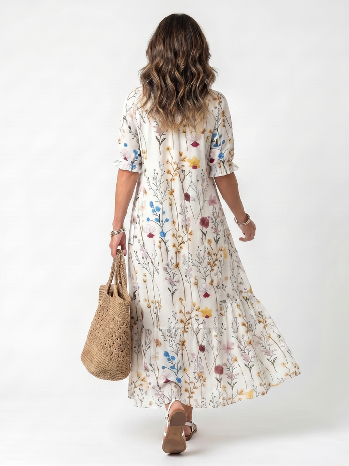 Fionnula | Botanical Print Tassel Tie Midi Dress