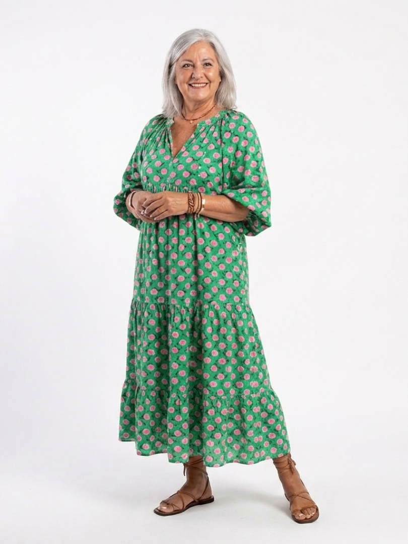 Marisenne | Floral Print V Neck Tiered Midi Dress